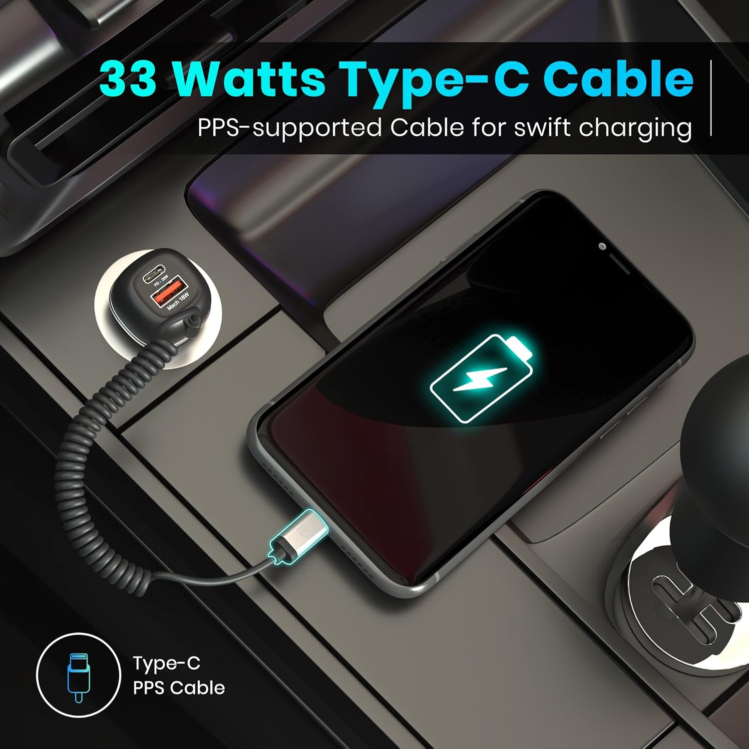 Portronics 71W Car Power 1C Triple Output Fast Car Charger with 33W Type-C Cable, 20W Type-C PD, 18W USB Port, Fast Charging Adapter Compatible with Cars for iPhone & Android Smartphone (Black) Portronics 71W Car Power 1C Triple Output Fast Car Charger with 33W Type-C Cable, 20W Type-C PD, 18W USB Port, Fast Charging Adapter Compatible with Cars for iPhone & Android Smartphone (Black)