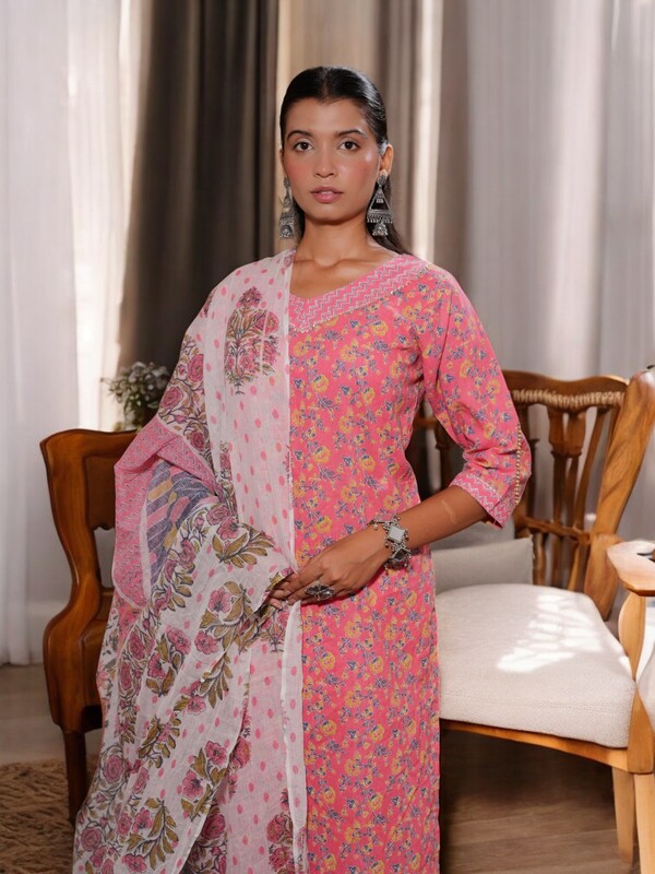TRADITIONAL PINK FLORAL PRINT  COTTON SALWAR SUIT SET