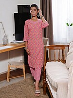 TRADITIONAL PINK FLORAL PRINT  COTTON SALWAR SUIT SET