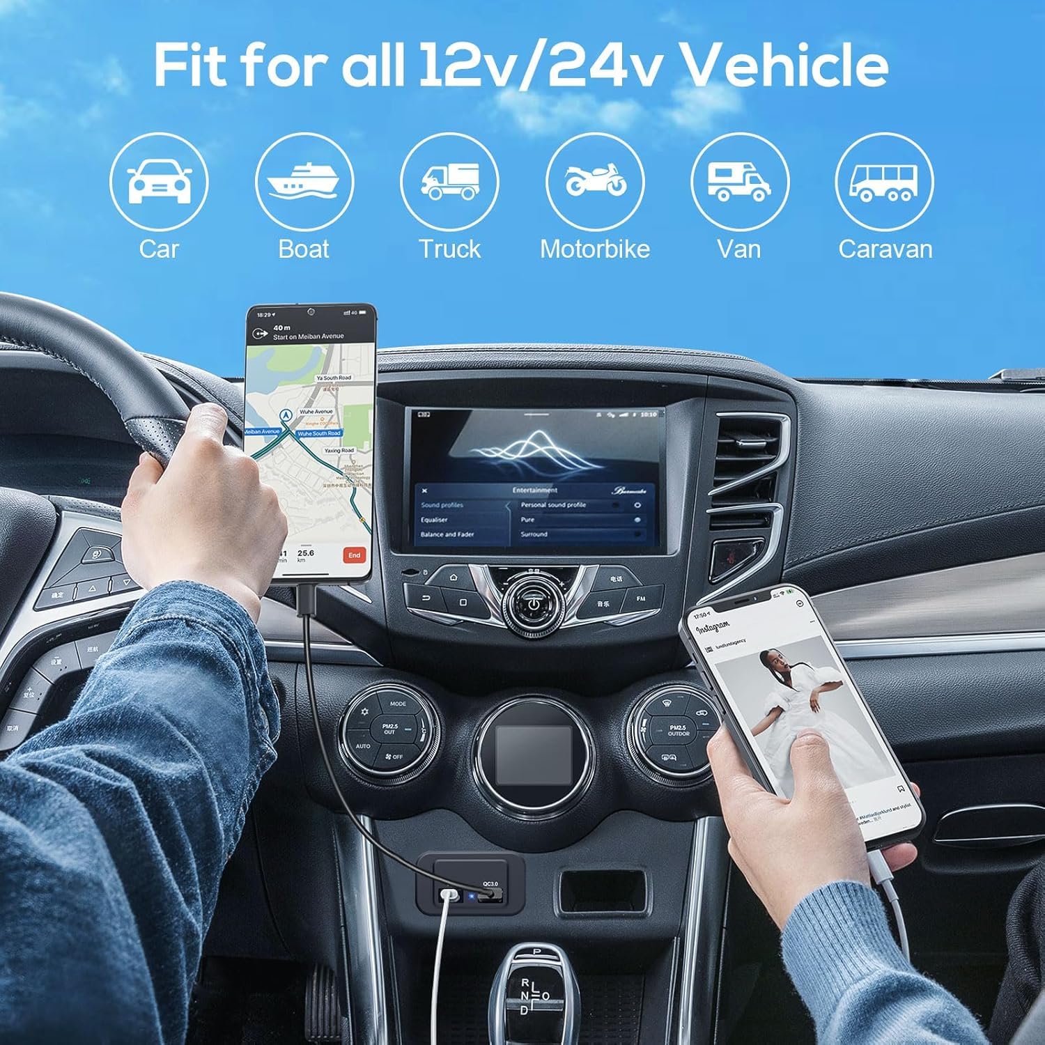 USB Outlet 12V RV , QC3.0 USB A Port & USB C Port Surface Mount Charging Socket Panel for Car Marine Motorcycle