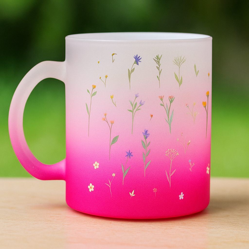 Frosted Pink Glass Mug – Little Flowers Design | 330ml Gift for Tea Lovers