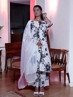 FLORAL PRINT COTTON SALWAR SUIT SET - WHITE AND BLACK