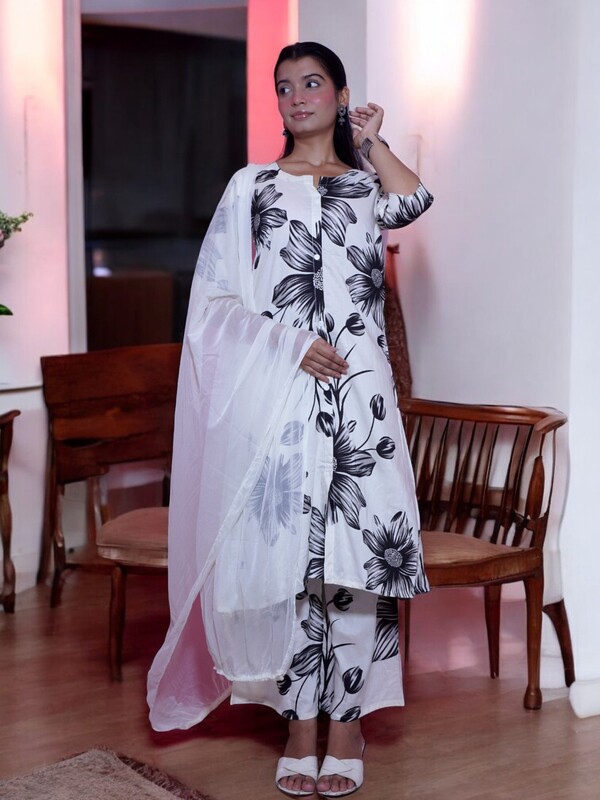 FLORAL PRINT COTTON SALWAR SUIT SET - WHITE AND BLACK