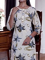 FLORAL PRINT COTTON SALWAR SUIT SET - WHITE AND BLACK