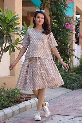 Hand Block Printed Skirt Top Set-Beige-1