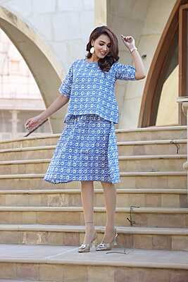 Hand Block Printed Skirt Top Set-Blue-1