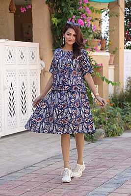 Hand Block Printed Skirt Top Set-Blue-2