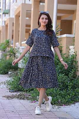 Hand Block Printed Skirt Top Set-Blue-4