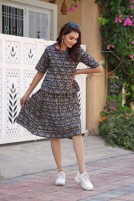 Hand Block Printed Skirt Top Set-Blue-5