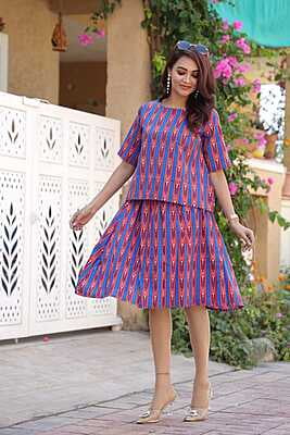 Hand Block Printed Skirt Top Set-Blue-6