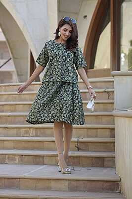 Hand Block Printed Skirt Top Set-Green-1
