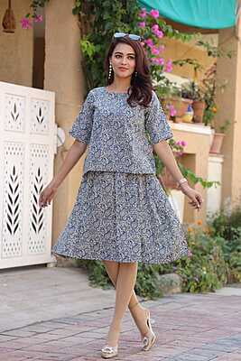 Hand Block Printed Skirt Top Set-Grey-1