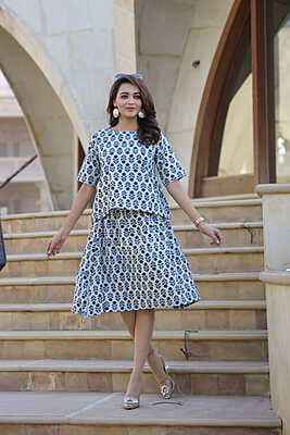 Hand Block Printed Skirt Top Set-Indigo-2