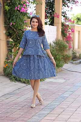 Hand Block Printed Skirt Top Set-Indigo-4