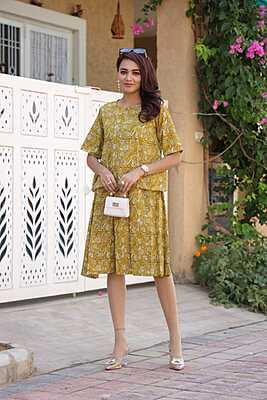 Hand Block Printed Skirt Top Set-Mustard-1