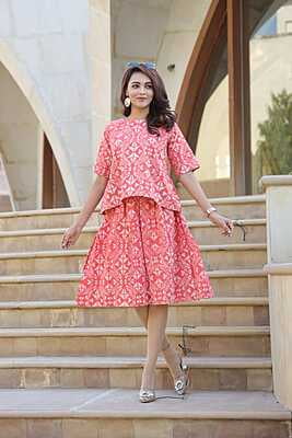Hand Block Printed Skirt Top Set-Peach-1