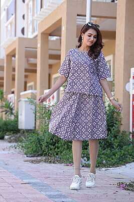 Hand Block Printed Skirt Top Set-Purple-2