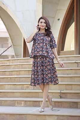 Hand Block Printed Skirt Top Set-Rust-1