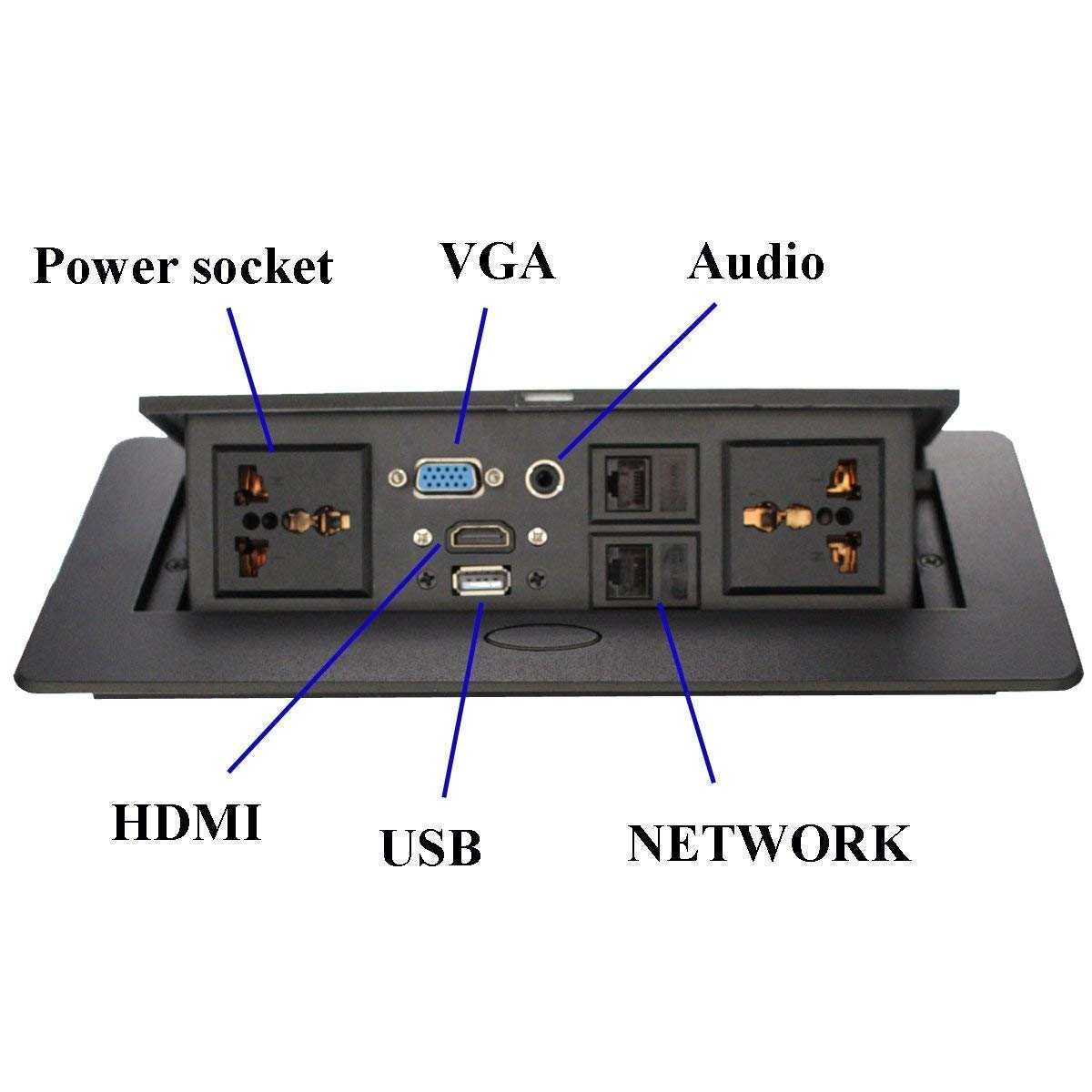 Multifunction Conference Table Connectivity and Data Box Pop Up Box/Cable Cubby with HDMI, VGA, Audio, LAN and Power Ports (Black) Multifunction Conference Table Connectivity and Data Box Pop Up Box/Cable Cubby with HDMI, VGA, Audio, LAN and Power Ports (Black)