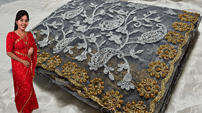 Party Wear Net Mix Saree - Gray