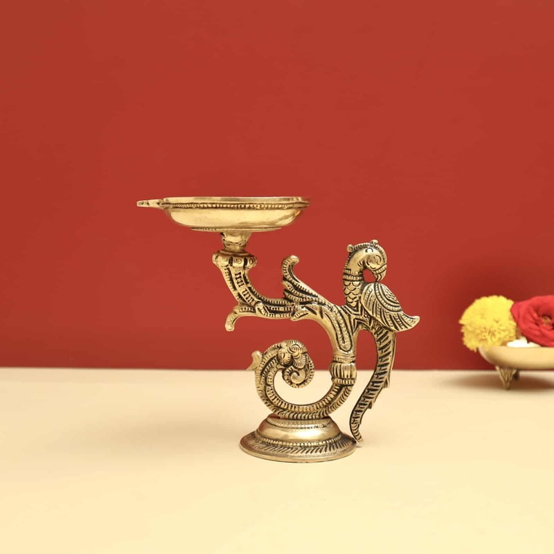 Brass Parrot Diya Lamp - 5.5 inch Height | Charming Brass Parrot Diya Lamp for Festive Lighting and Decor Brass Parrot Diya Lamp - 5.5 inch Height | Charming Brass Parrot Diya Lamp for Festive Lighting and Decor