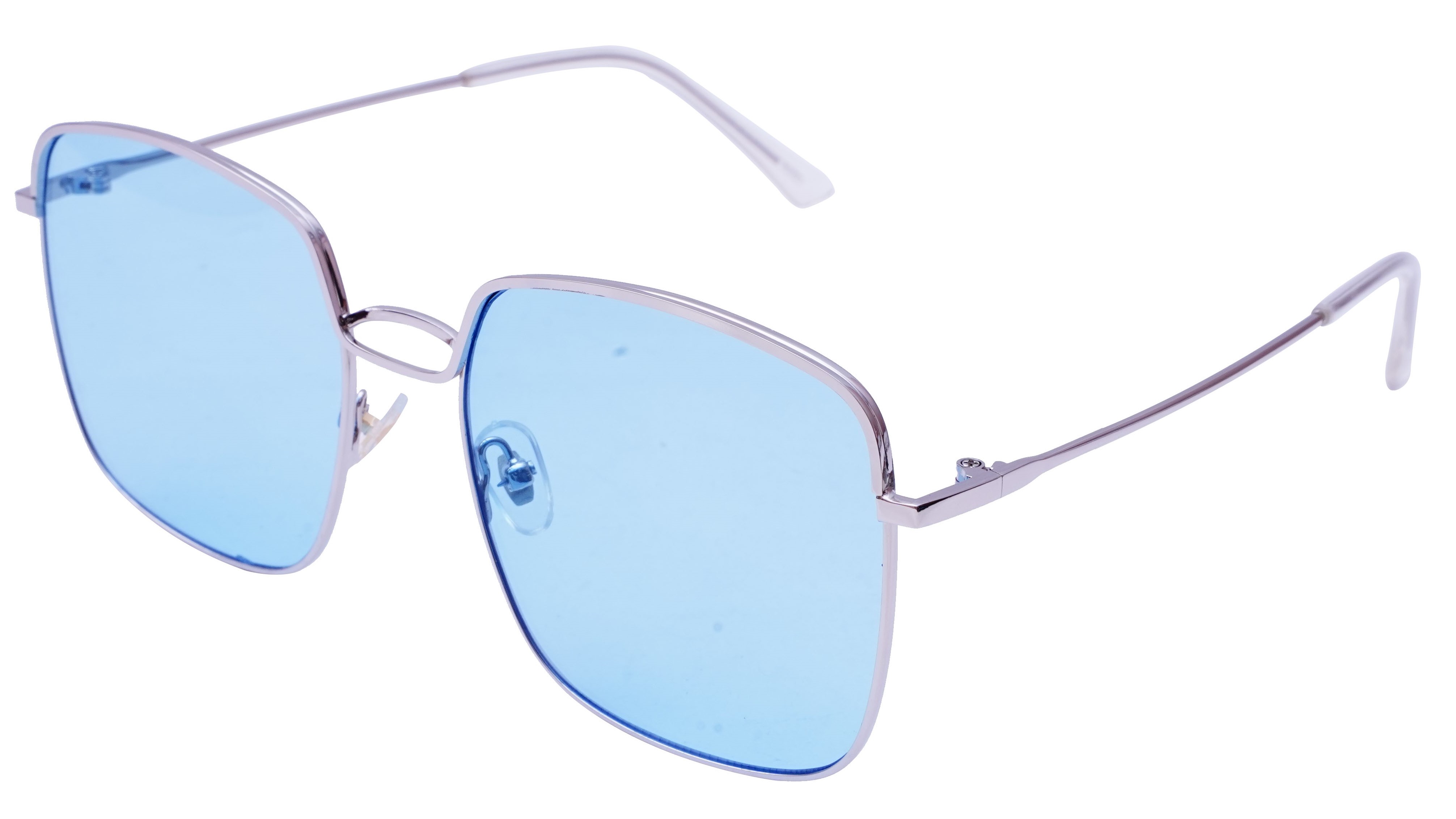 Female Oversized Square Sunglasses. Silver Color Frame. Blue Color UV Protected Flat Lens.