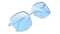 Female Oversized Square Sunglasses. Silver Color Frame. Blue Color UV Protected Flat Lens.