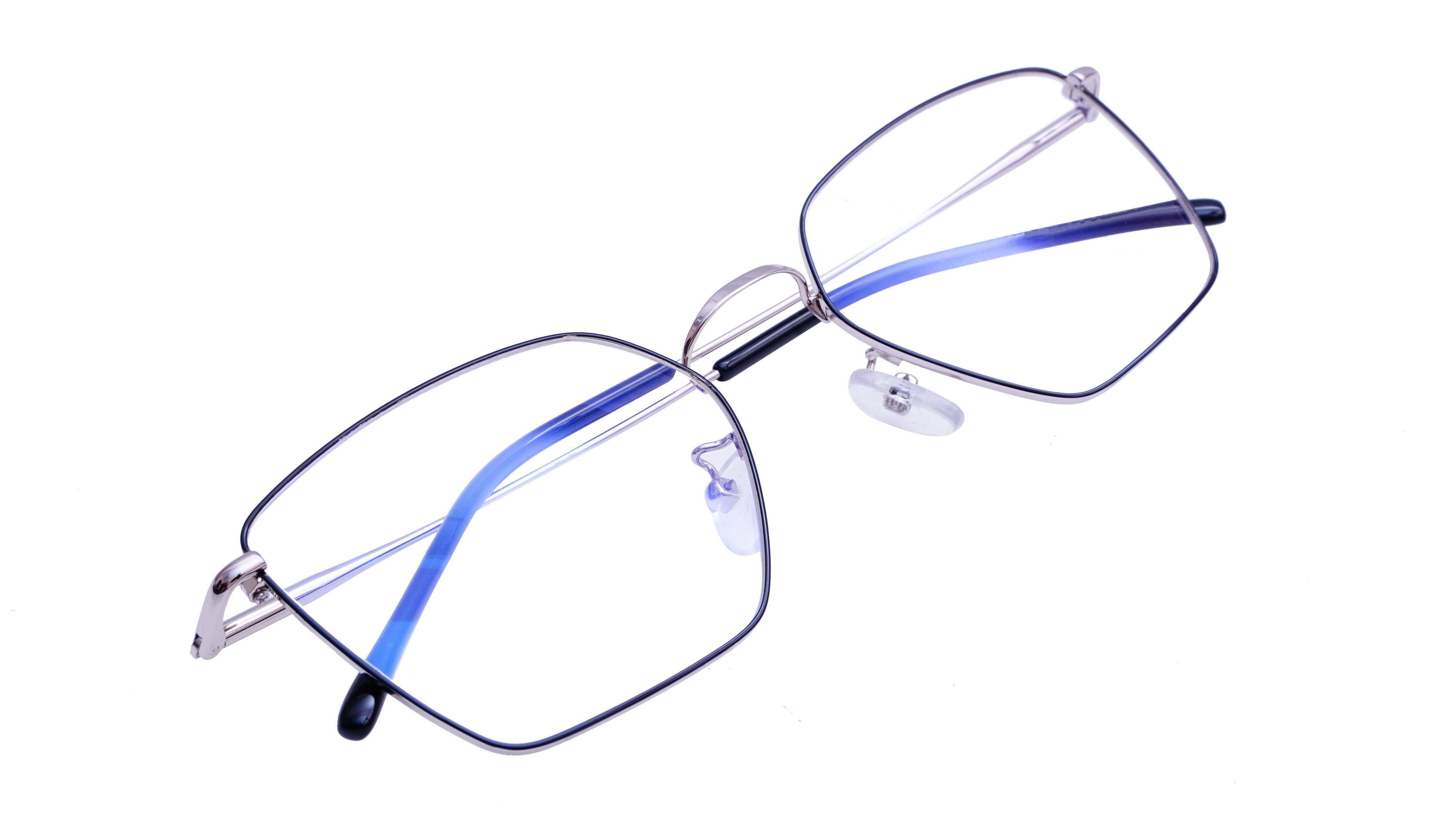 Unisex Pentagon Spectacle Frame. Silver & Black Color Frame. Transparent Color Lens