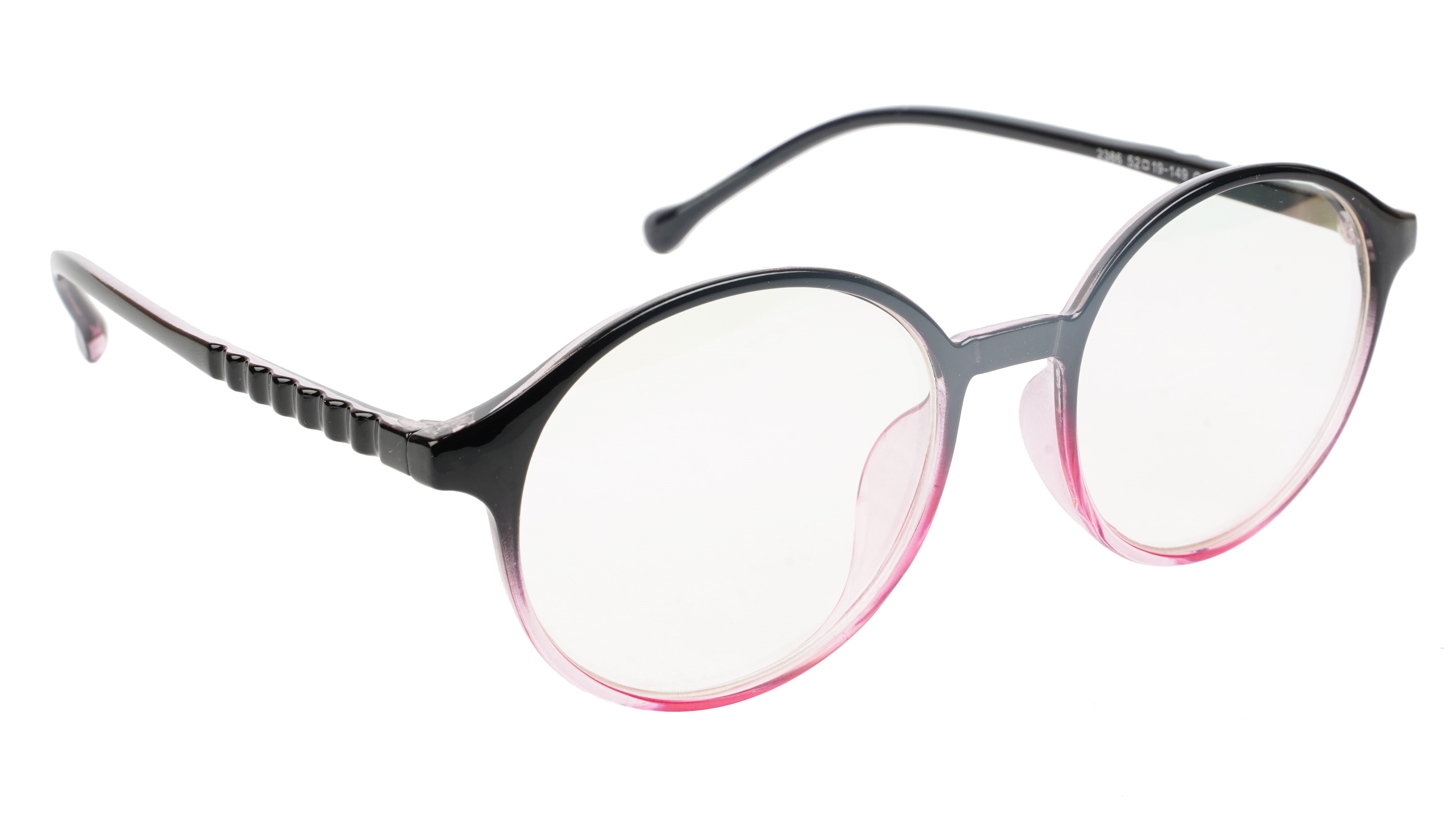 Female Oversize Round Spectacle Frame. Black & Pink Frame