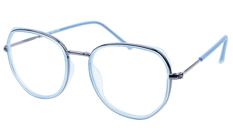 Unisex Large Pentagon Spectacle Frame. Blue &Grey Color Composite Frame.
