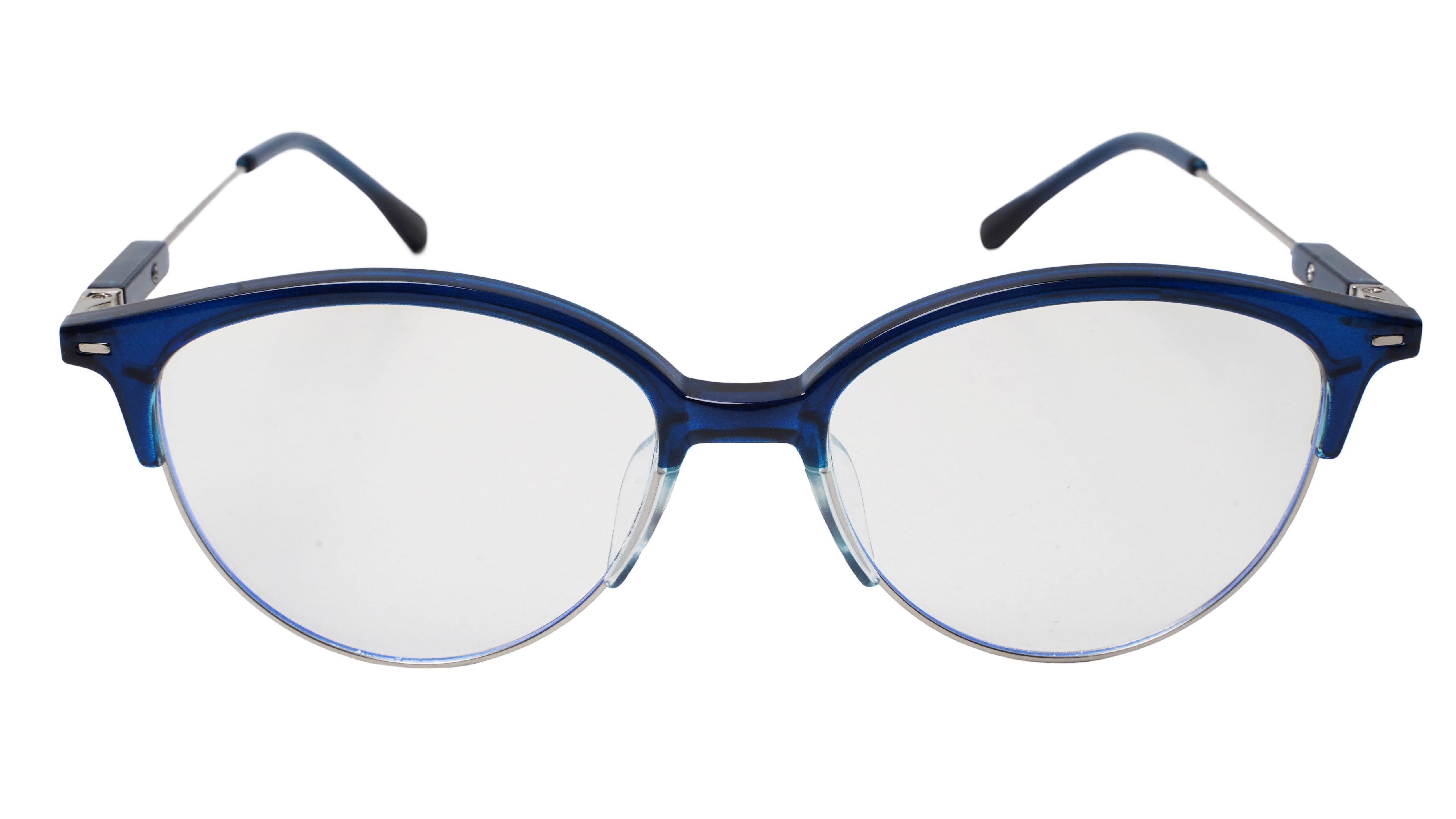 Soigné Female Large Half Rim Cat Eye Spectacle Frame.Blue&Silver