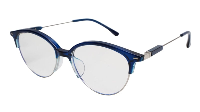 Soigné Female Large Half Rim Cat Eye Spectacle Frame.Blue&Silver