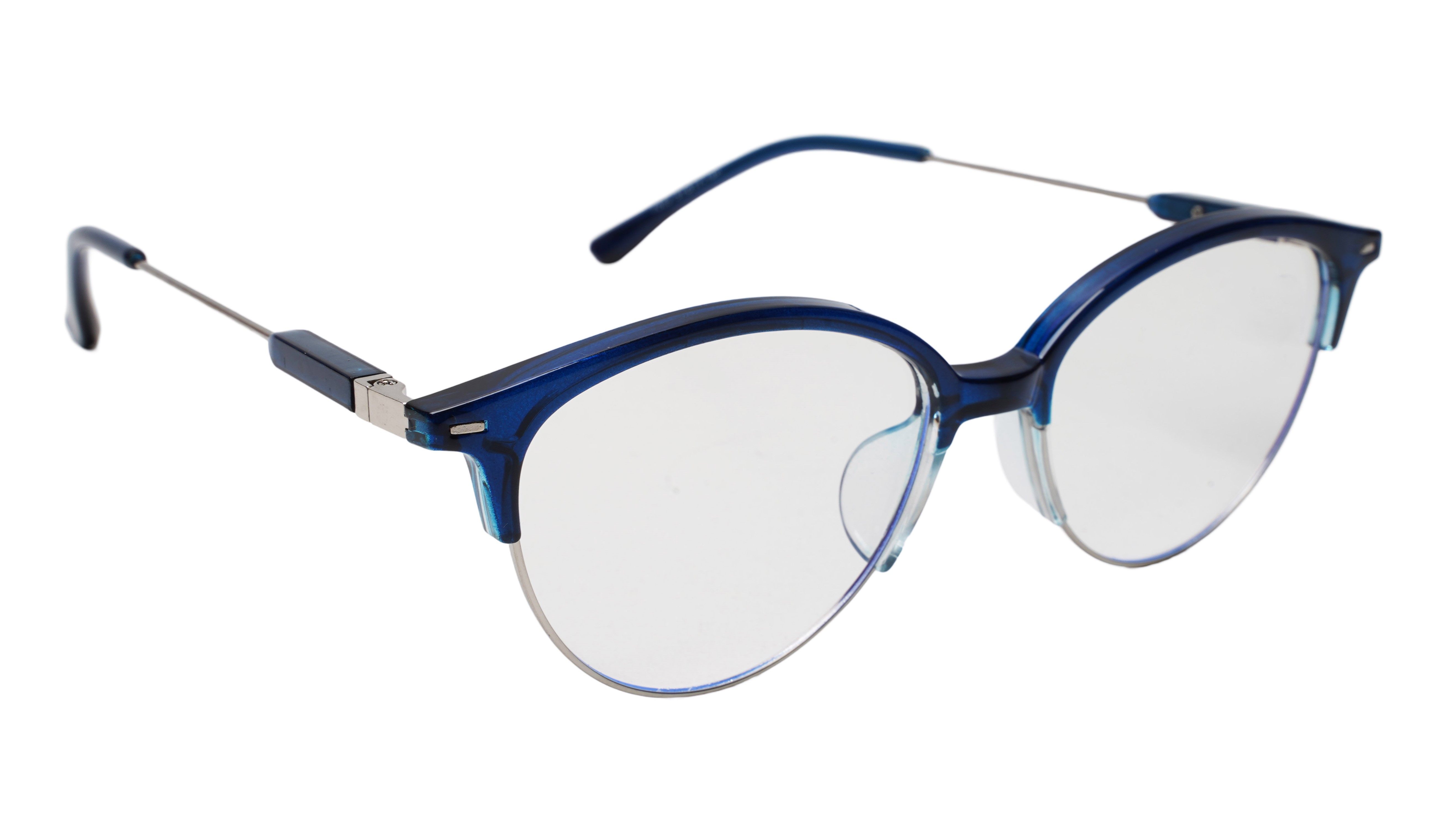 Soigné Female Large Half Rim Cat Eye Spectacle Frame.Blue&Silver