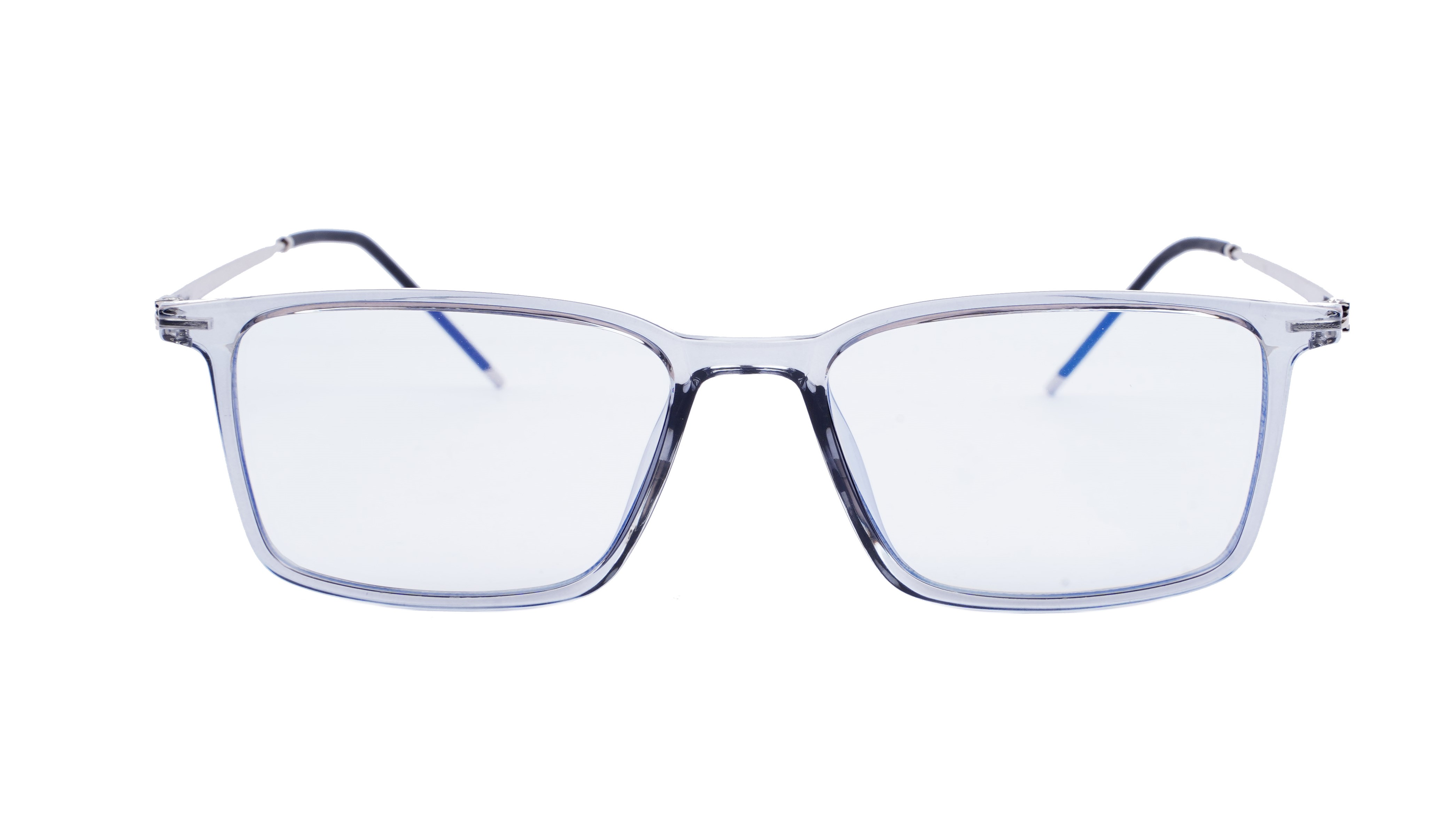 Unisex Large Rectangular Spectacle Frame. See Through Grey Rim