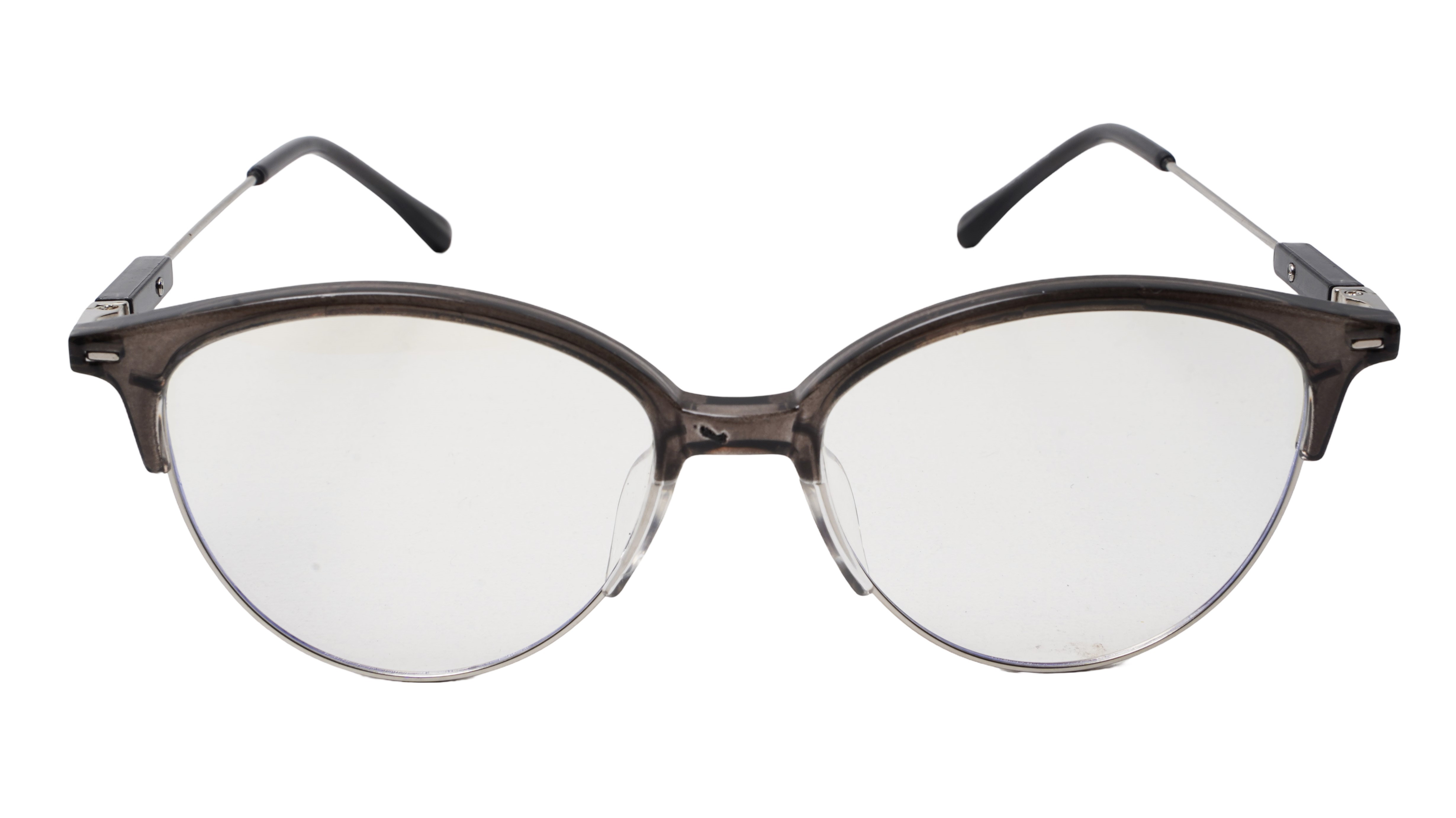 Soigné Female Large Half Rim Cat Eye Spectacle Frame.Gray&Silver