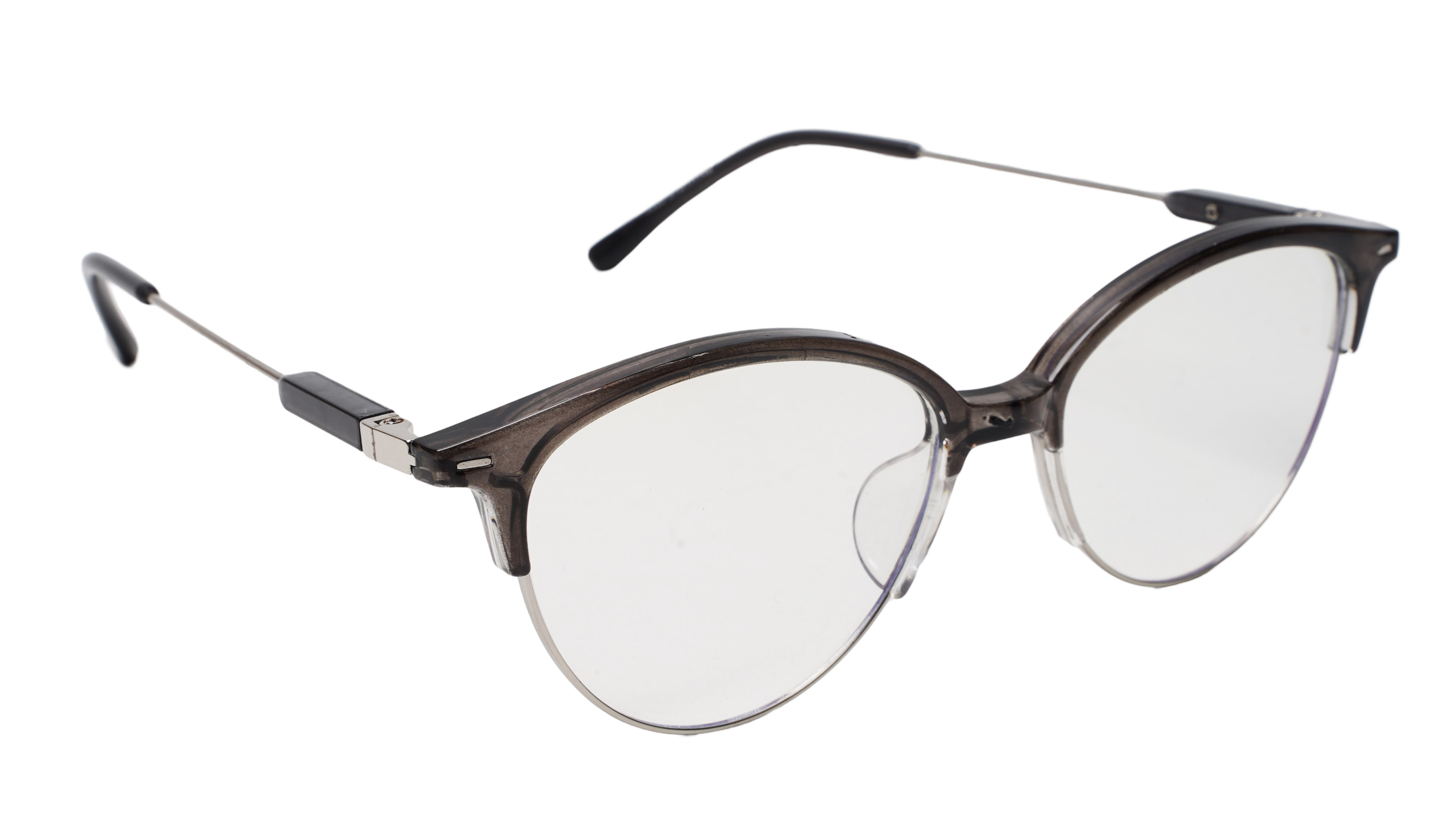 Soigné Female Large Half Rim Cat Eye Spectacle Frame.Gray&Silver