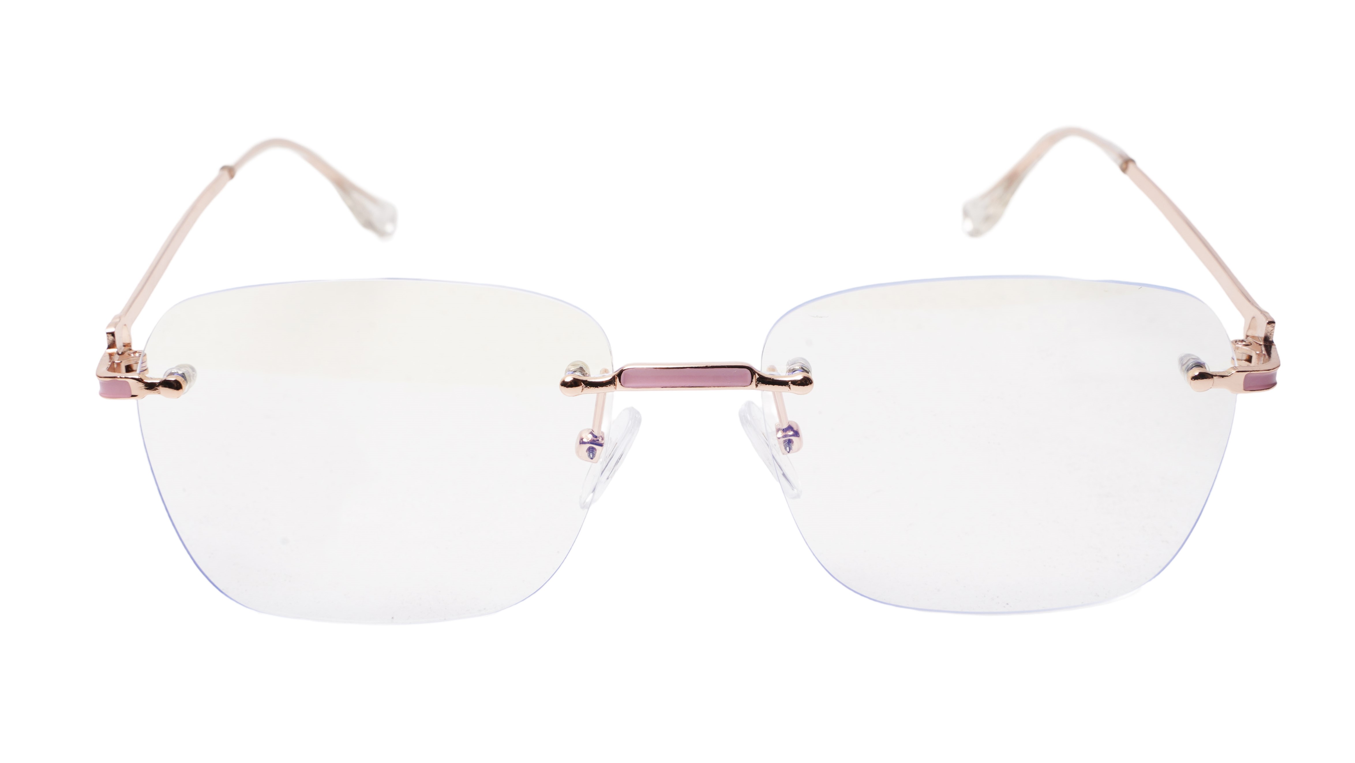 Soigné Female Large Square Rimless Spectacle Frame.Gold&Pink