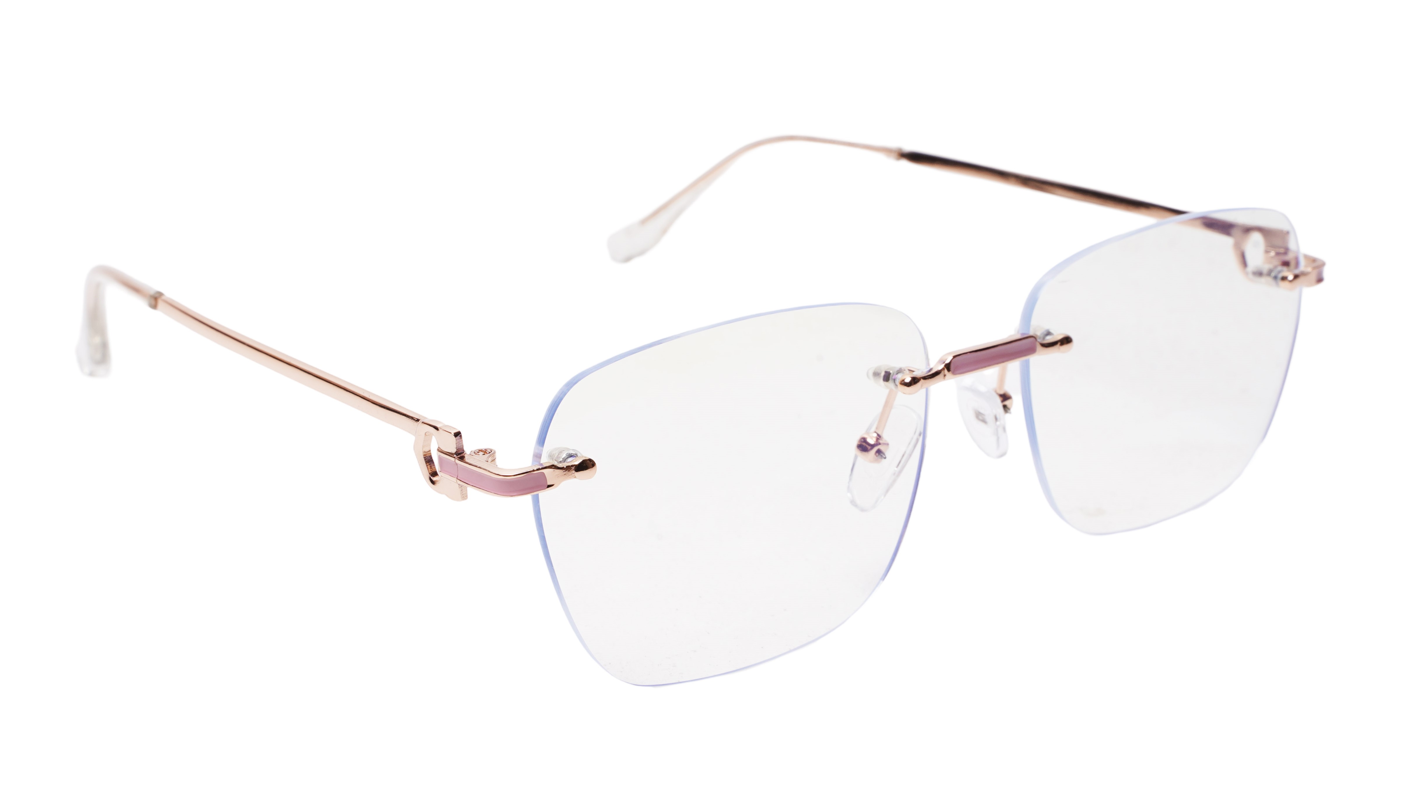 Soigné Female Large Square Rimless Spectacle Frame.Gold&Pink