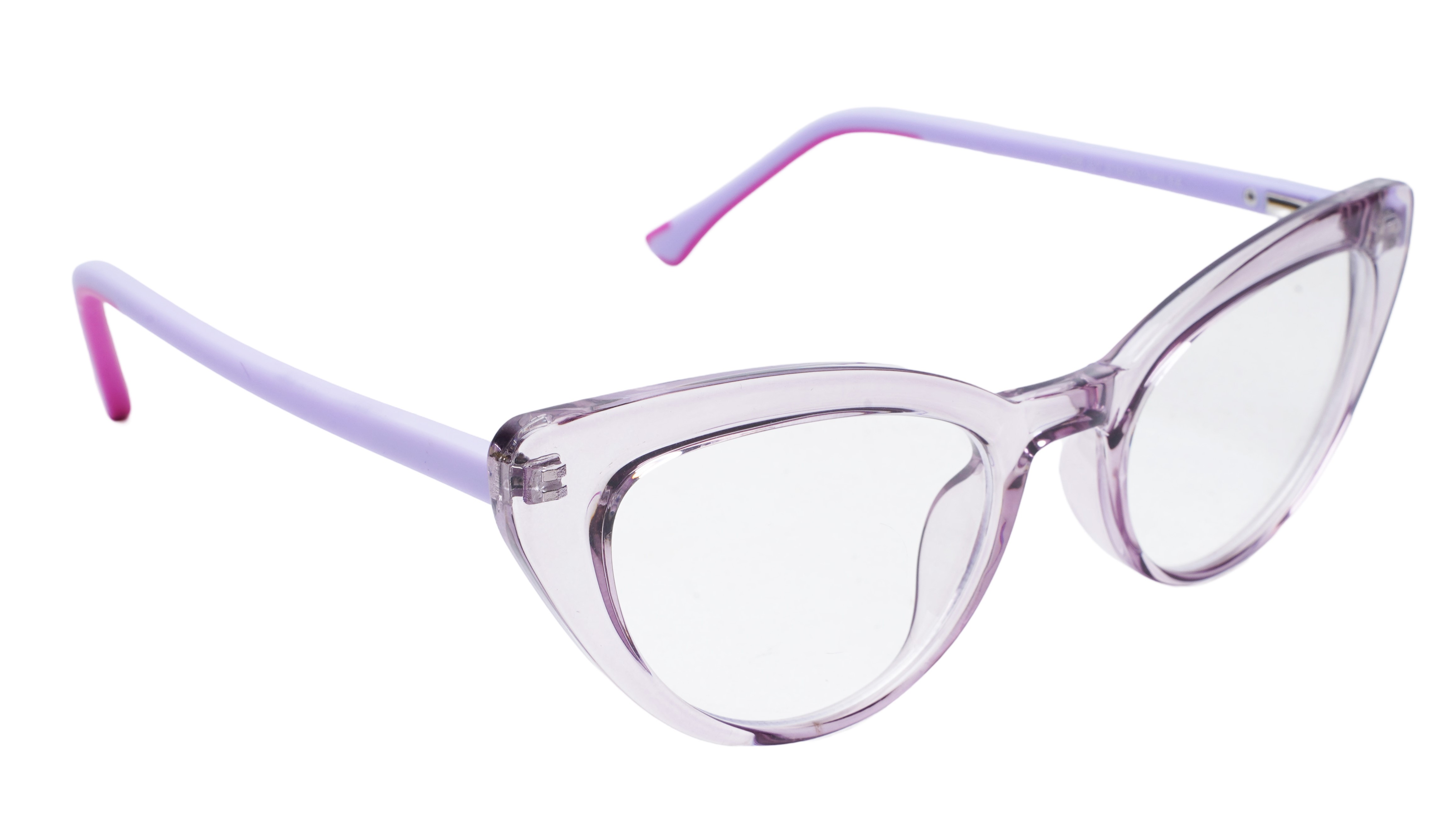 Soigné Female Large Cat Eye Spectacle Frame.See Through Light Purple Rim