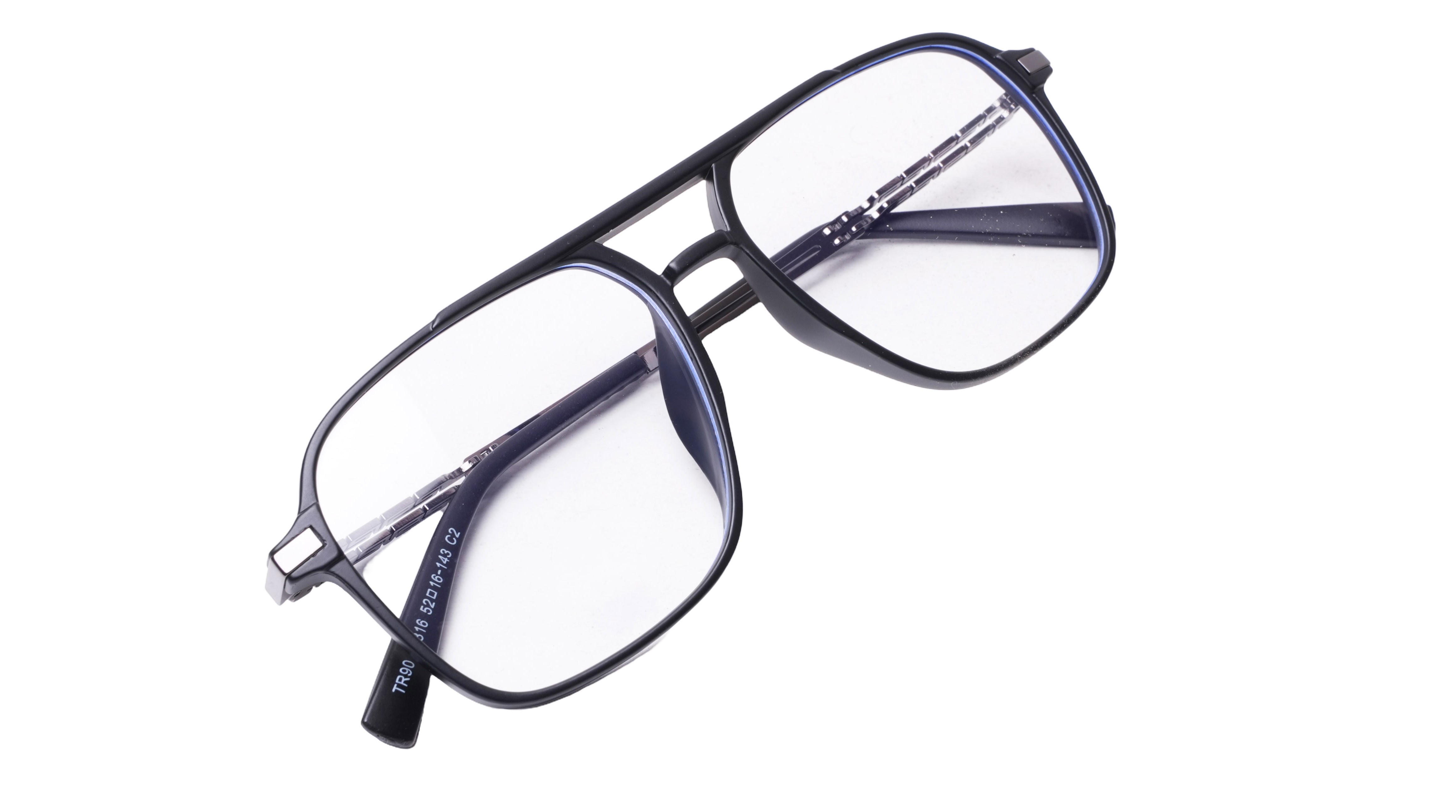 Soigné Unisex Aviator Spectacle Frame.Glossy Black&Silver-Large