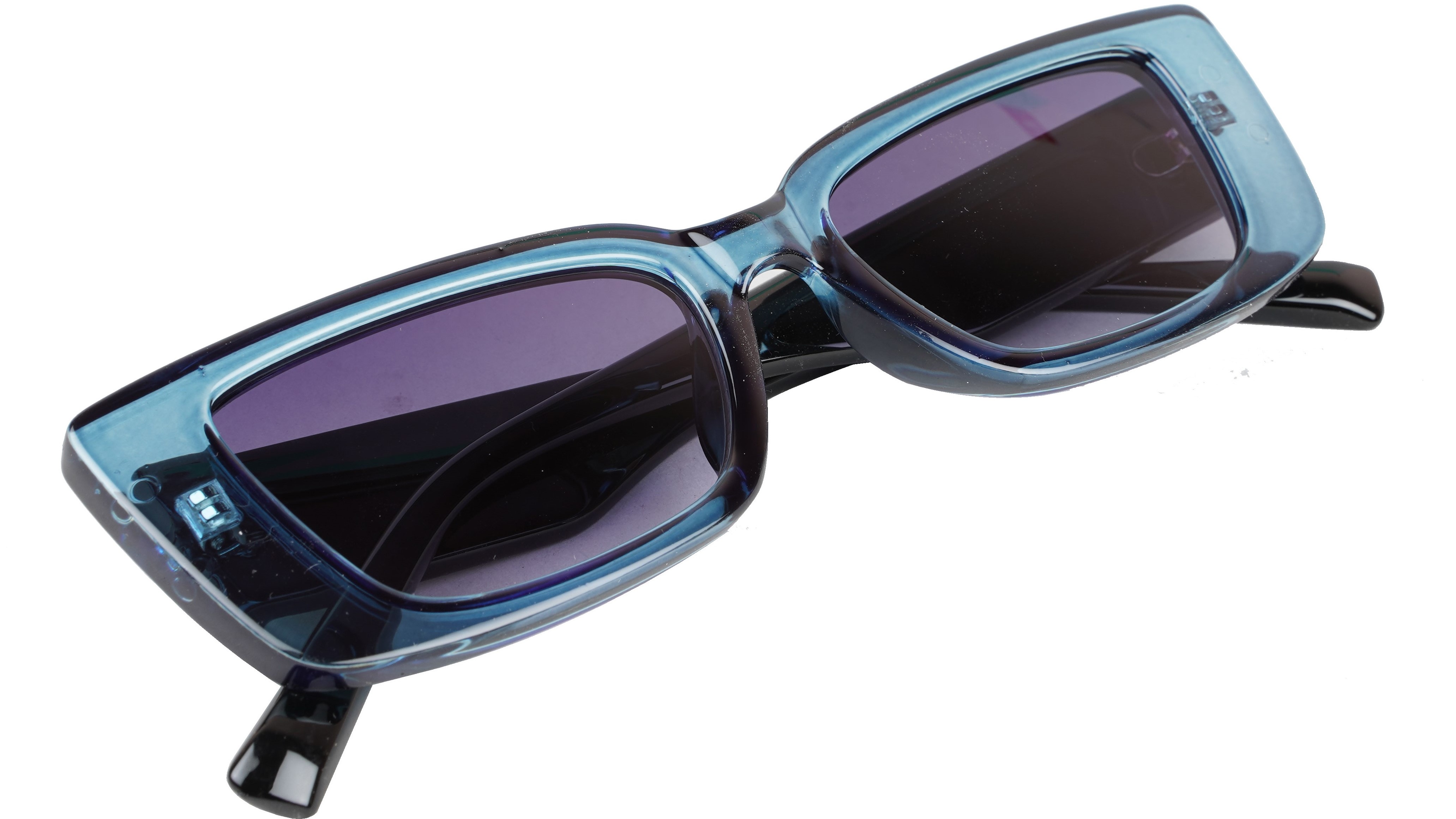 Female Large Rectangular Sunglasses. See Through Light Blue Rim