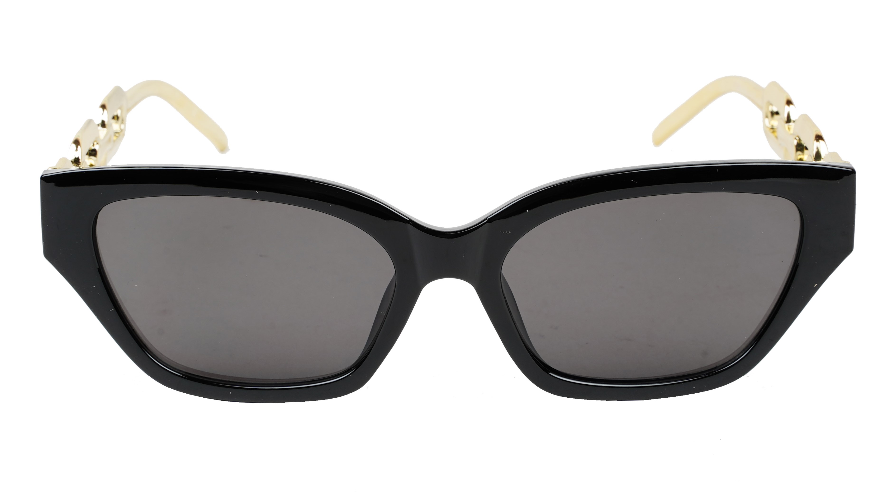 Female Large Cat Eye Sunglass. Black Rim. Golden Temple.