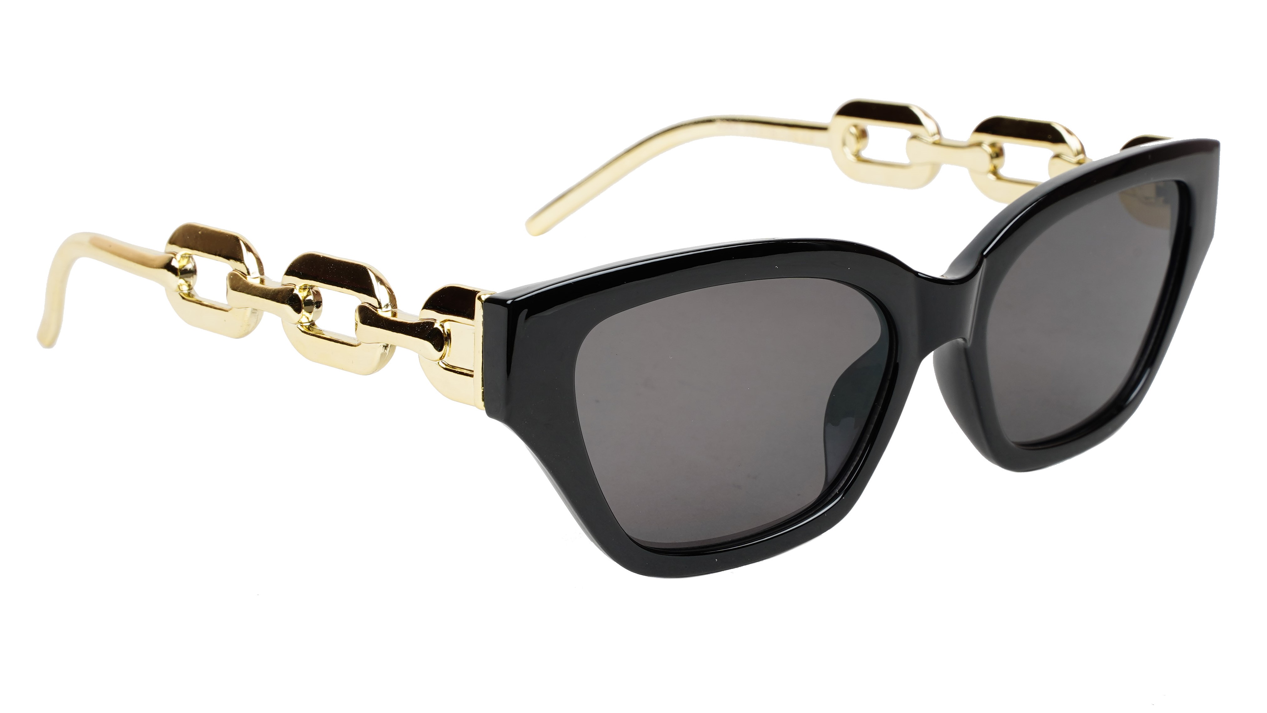 Female Large Cat Eye Sunglass. Black Rim. Golden Temple.