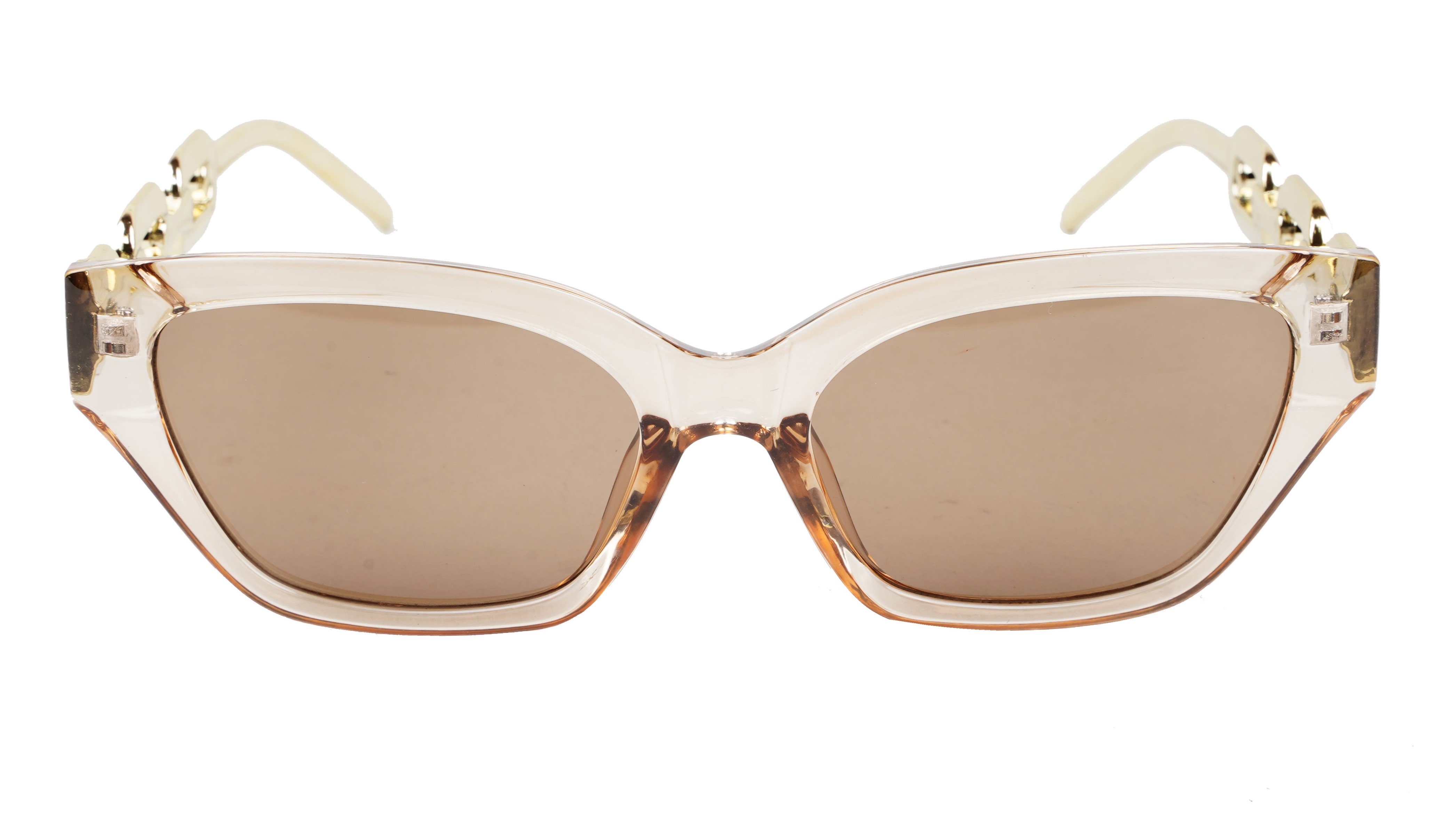 Female Large Cat Eye Sunglass. See Through Brown Rim. Golden Temple.