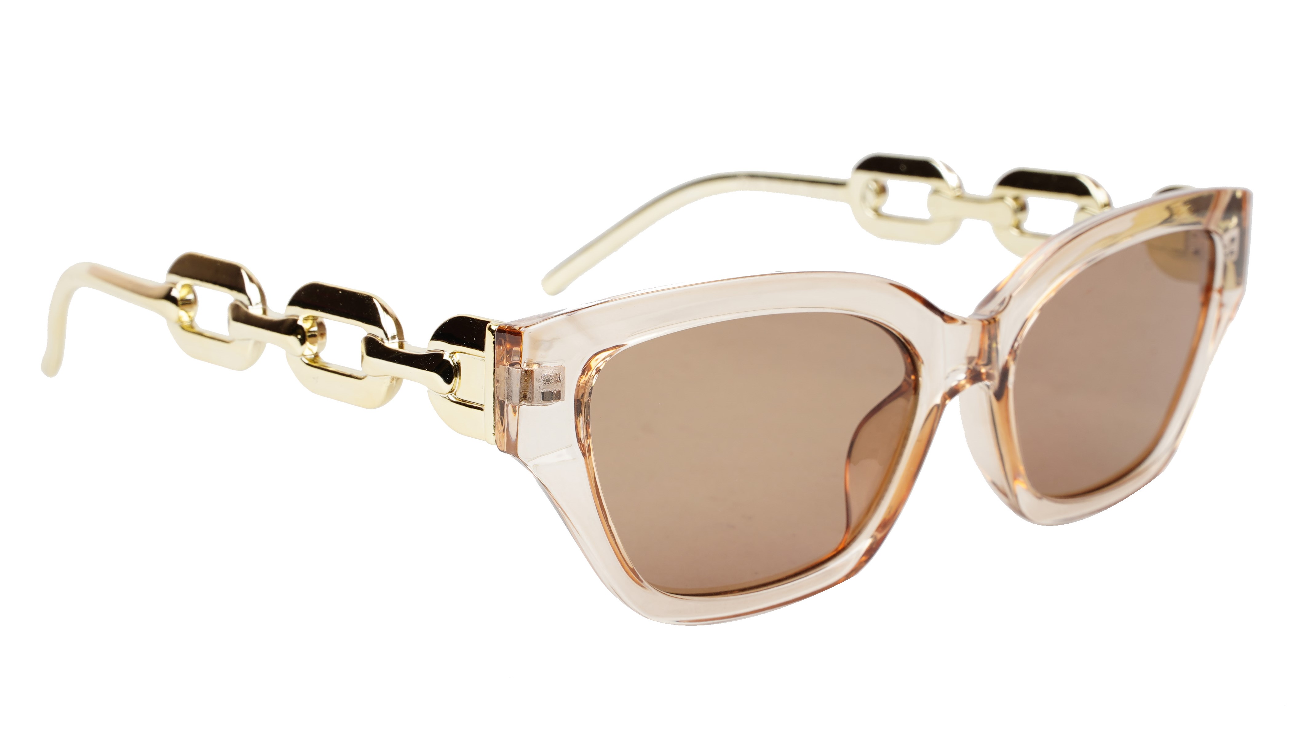 Female Large Cat Eye Sunglass. See Through Brown Rim. Golden Temple.