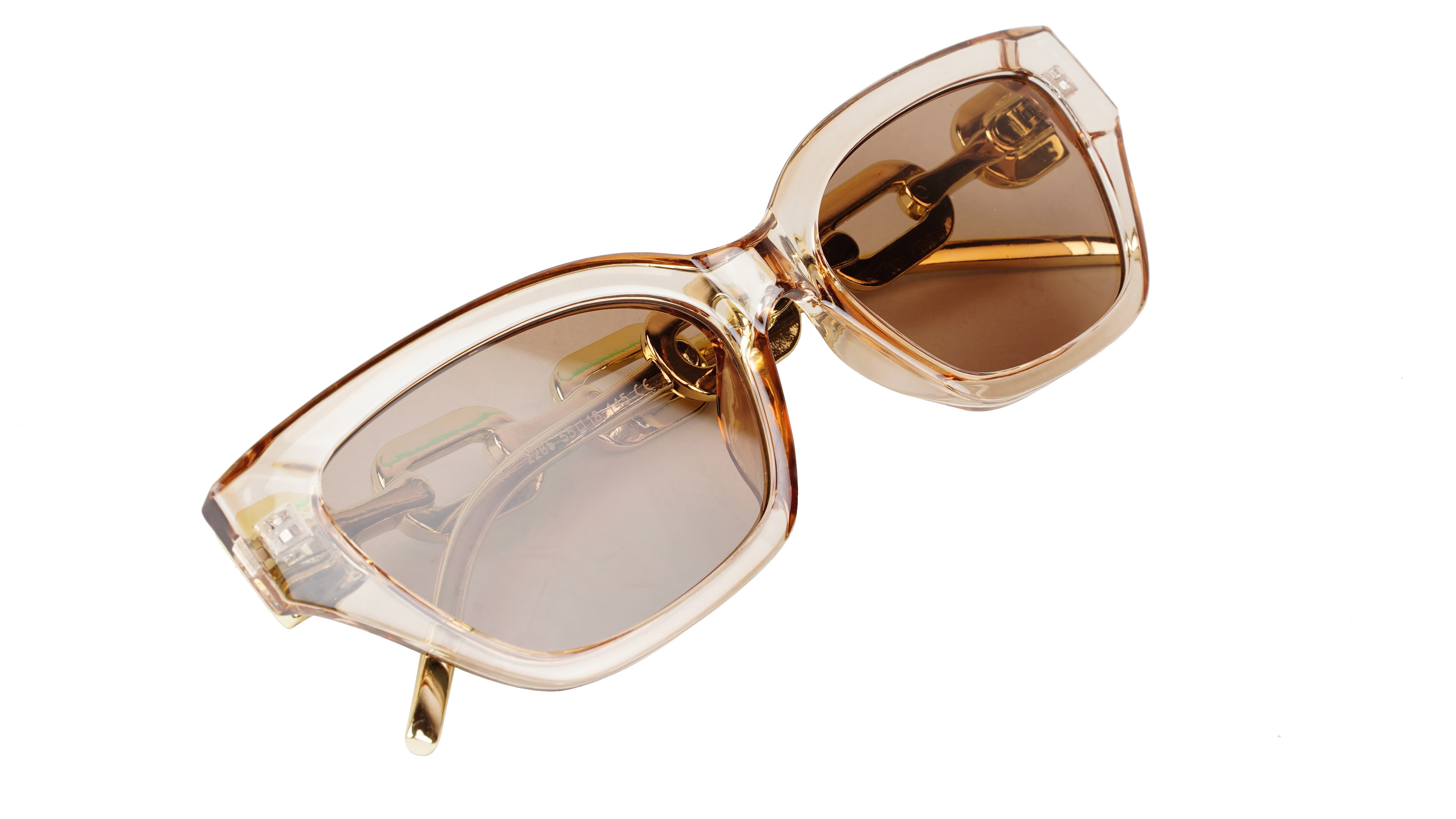 Female Large Cat Eye Sunglass. See Through Brown Rim. Golden Temple.