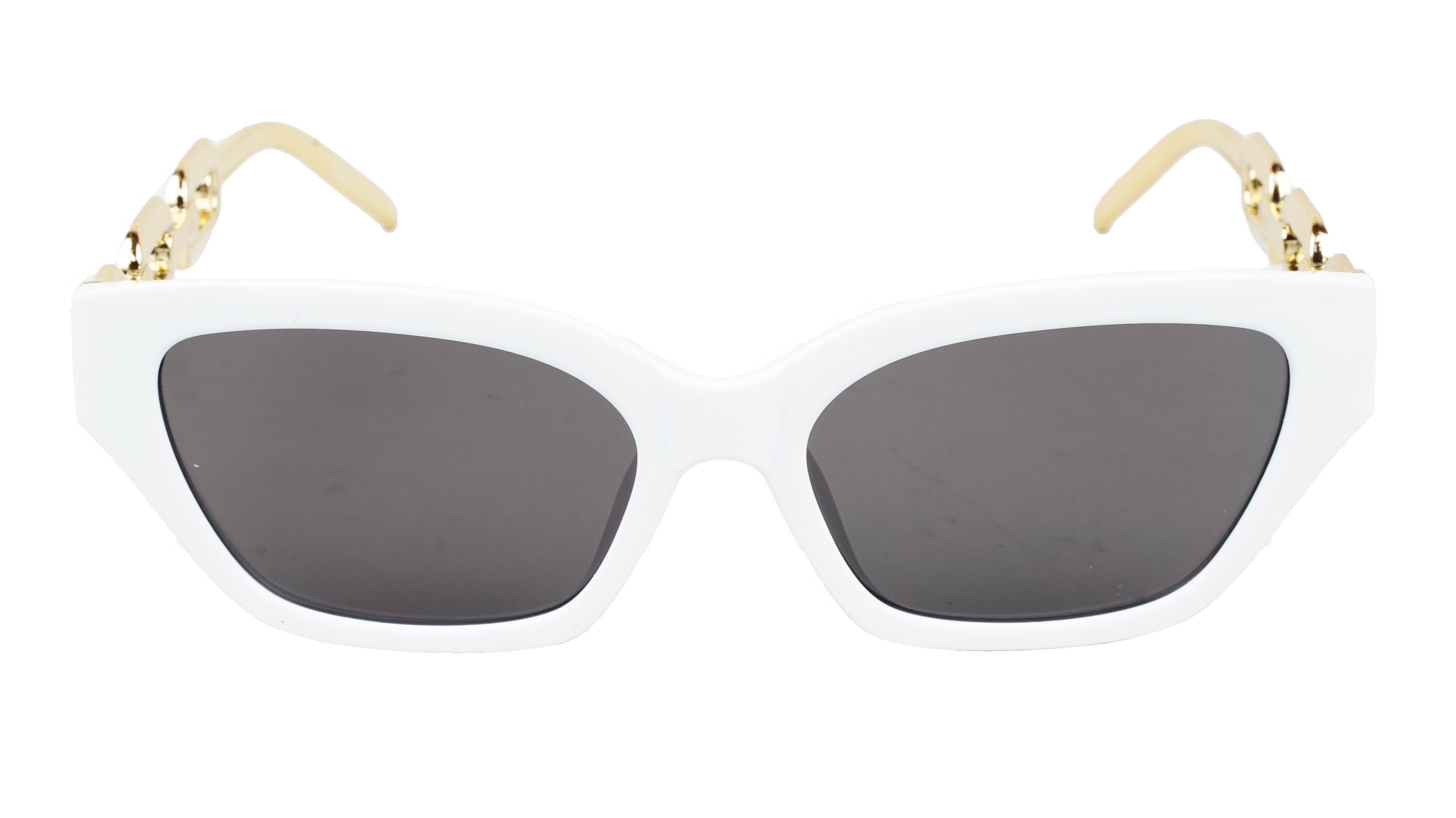 Female Large Cat Eye Sunglass. White Rim. Golden Temple.