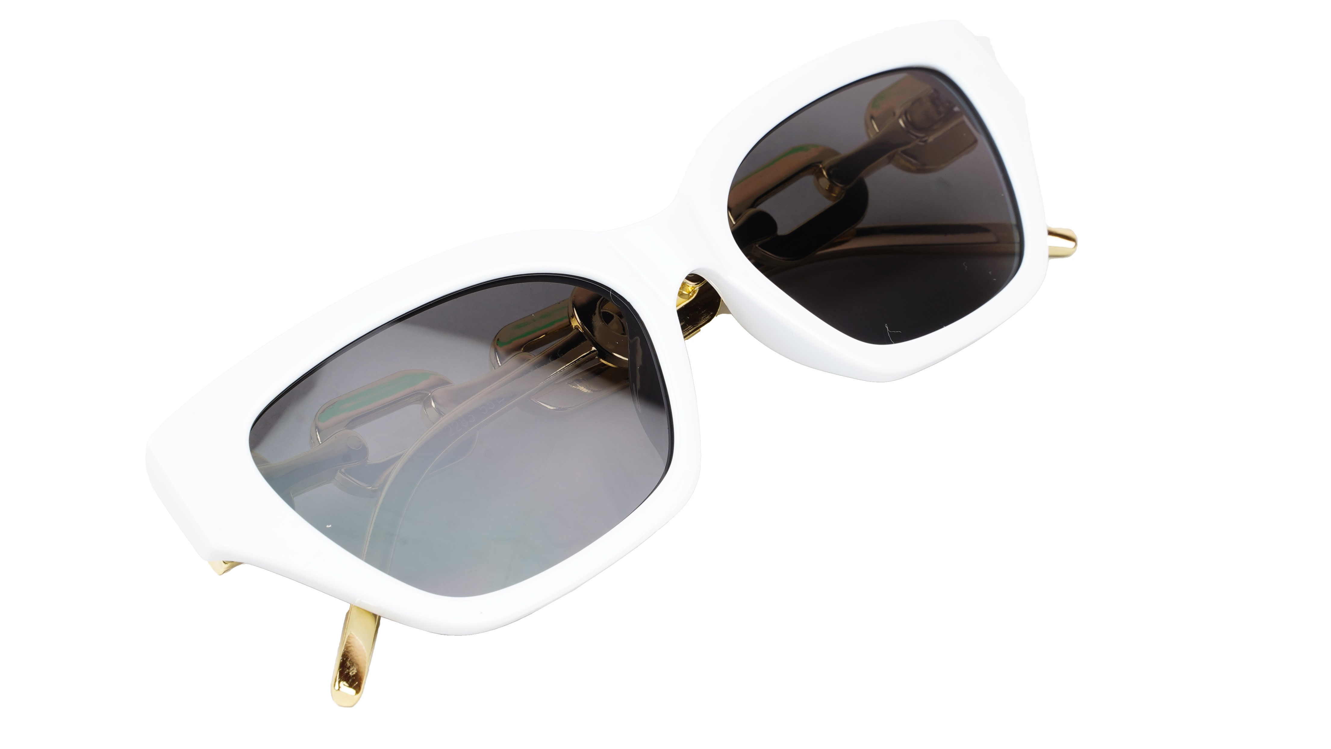 Female Large Cat Eye Sunglass. White Rim. Golden Temple.