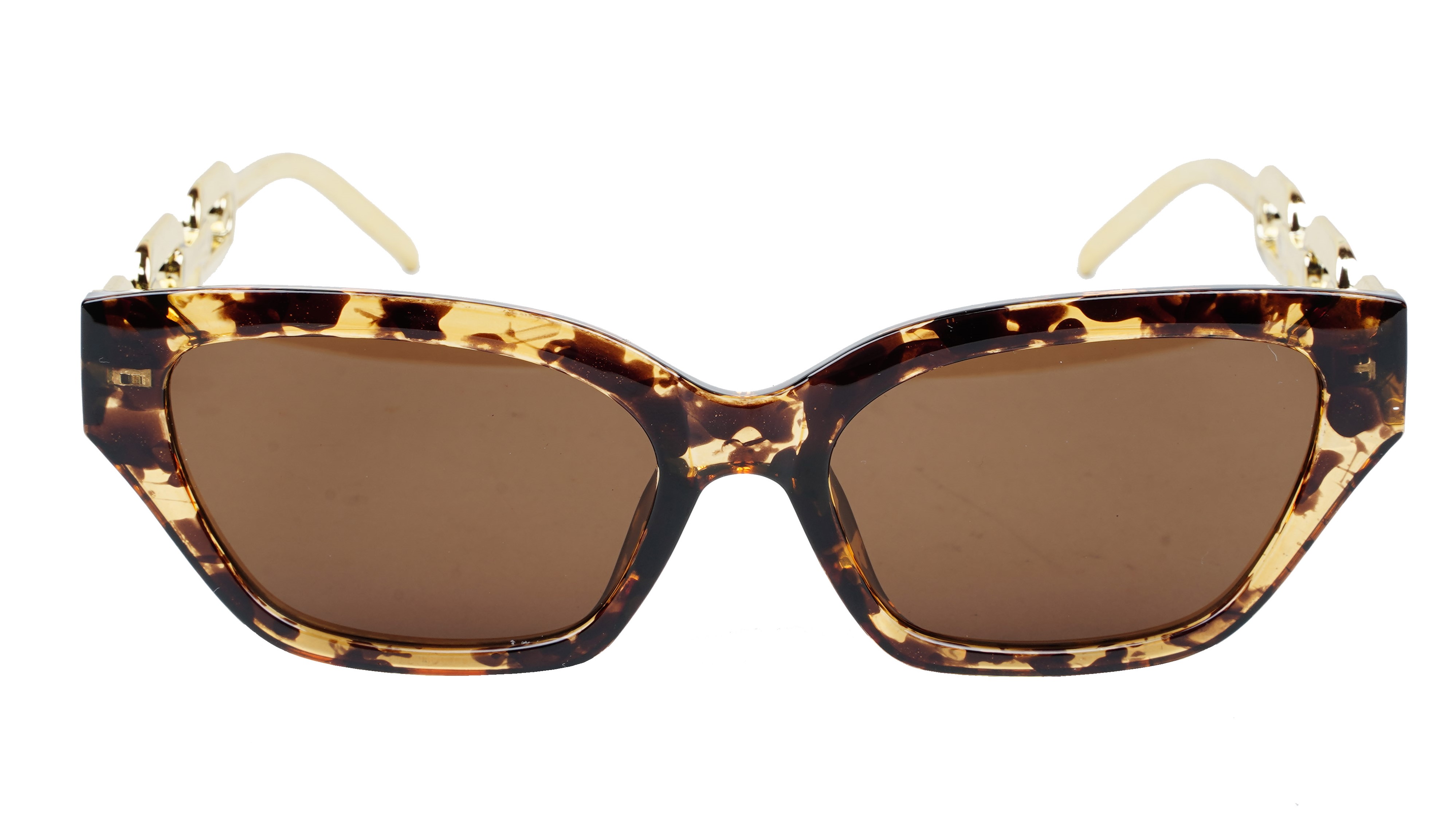 Female Large Cat Eye Sunglass. Tortoise Print Rim. Golden Temple.