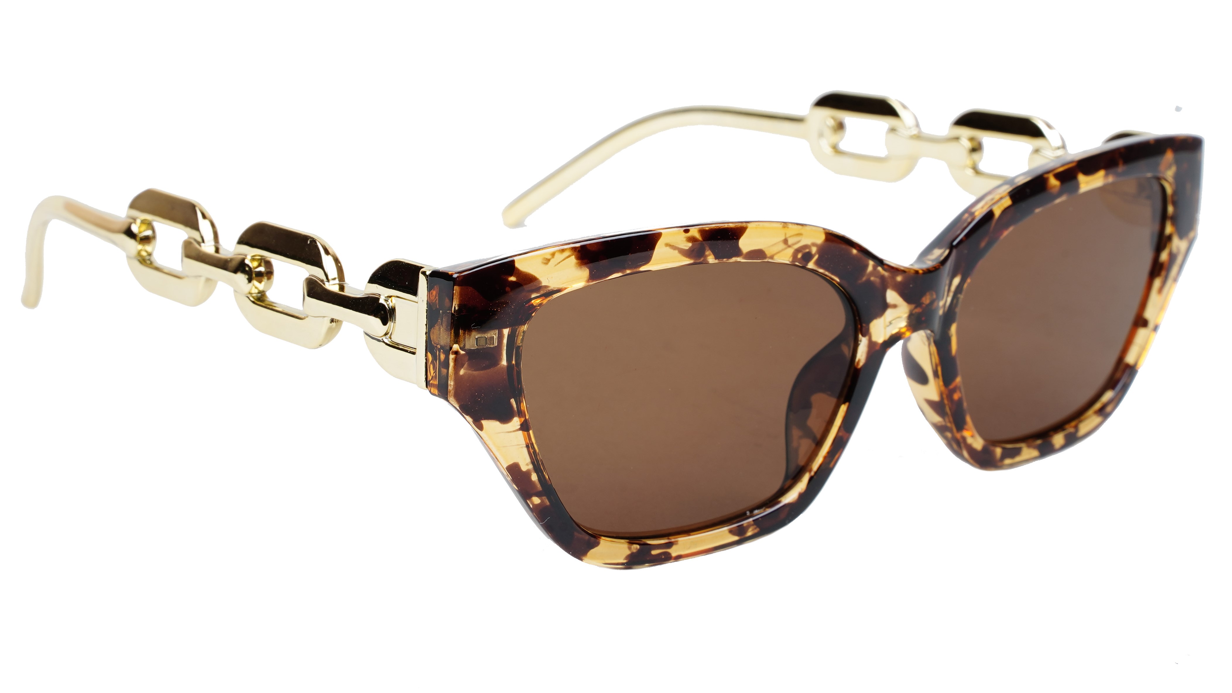Female Large Cat Eye Sunglass. Tortoise Print Rim. Golden Temple.